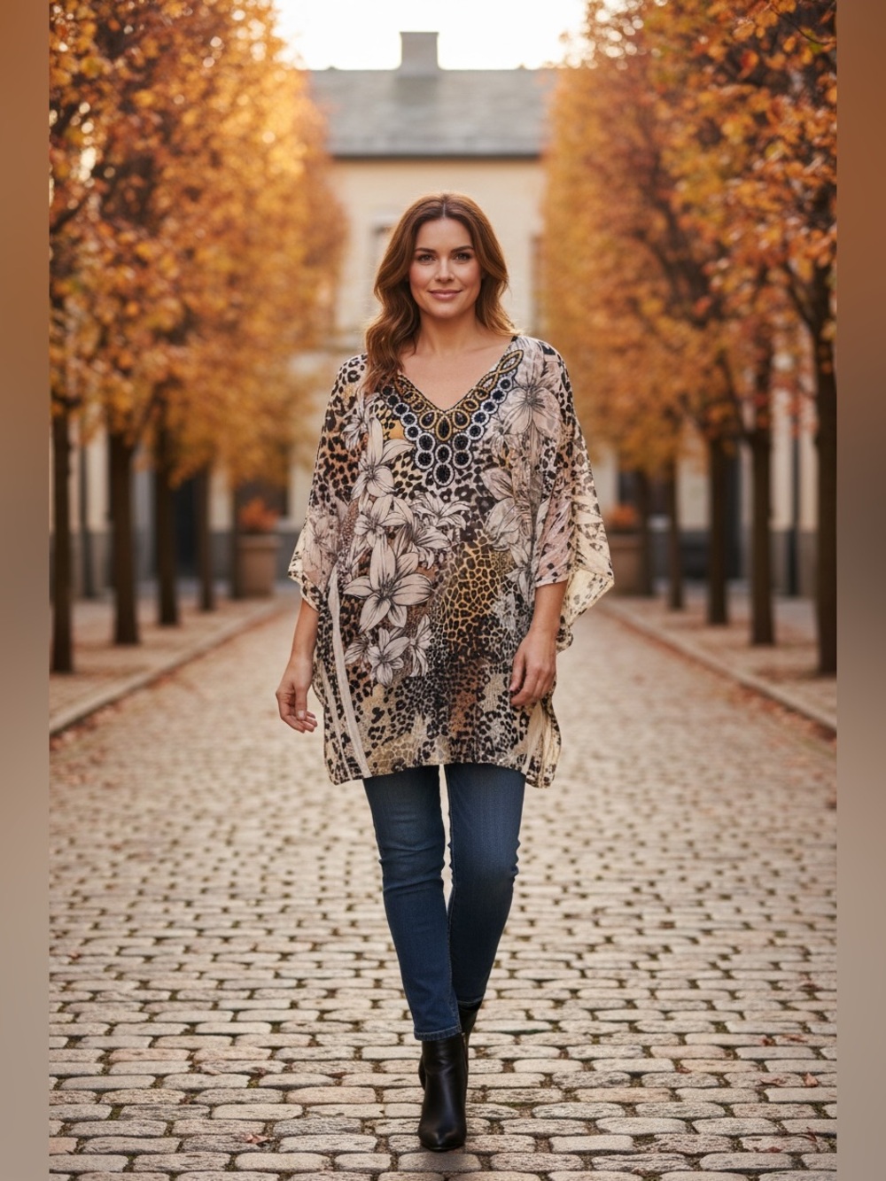 Liz & Me Beige Floral & Leopard Print V-Neck Tunic